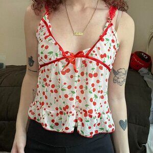 Cherry print lace trim babydoll cami  top with ruffles